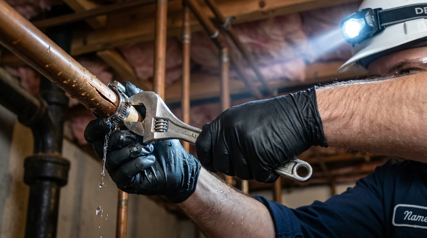Emergency pipe clamp repair being performed by a Johns Plumbing LLC plumber in Rosemead